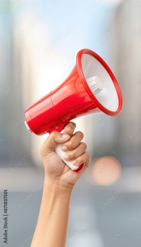 Person hand holding megaphone for a campaign rally close up, focus on advocacy, dynamic, Composite, City street
