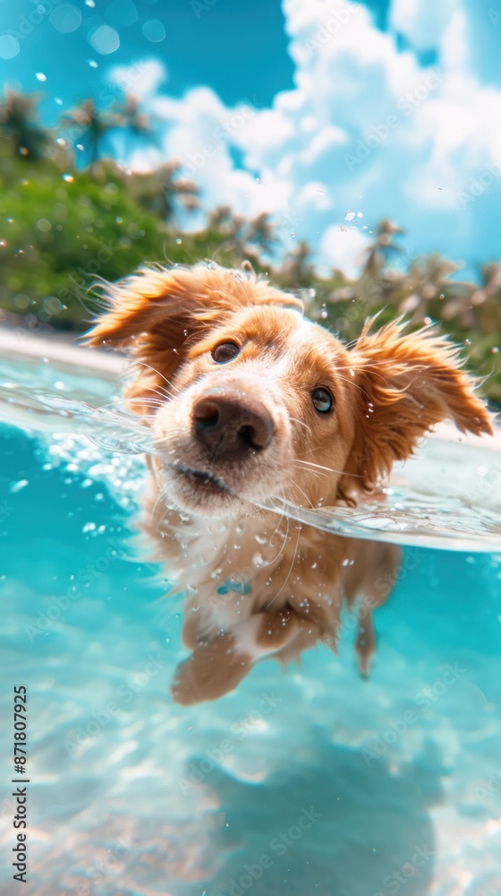 Into the water, a dog dives with enthusiasm copy space, adventure, vibrant, Double exposure, River bank Into the water, a dog dives with enthusiasm copy space, adventure, vibrant, Double exposure, River bank