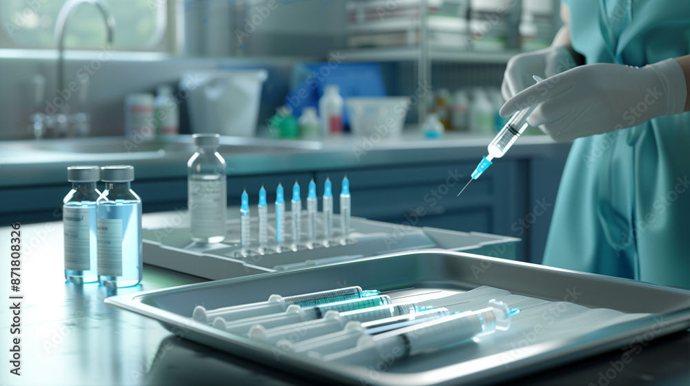 Medical Professional Preparing Syringe in Sterile Laboratory with Vials and Injection Equipment in Background Medical Professional Preparing Syringe in Sterile Laboratory with Vials and Injection Equipment in Background