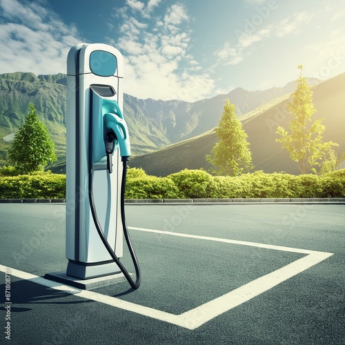 borne de recharge pour voiture électrique sur une route de campagne à la montagne en ia
