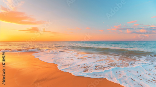 A beach scene at sunset with golden sand and gentle waves, with a clear area in the sky and beach for text, featuring soft hues of orange, pink, and blue.