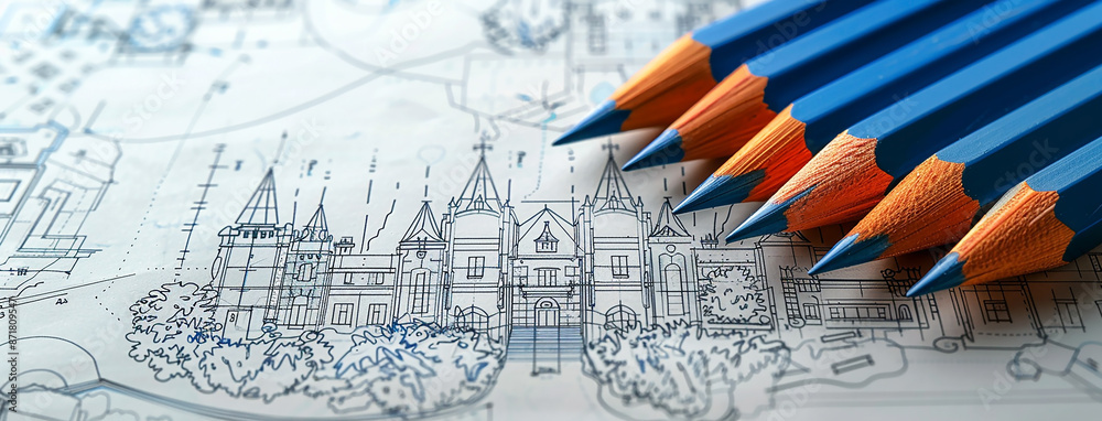 a wide angled horizontal macro closeup photo of blue color drawing pencils on an architectural detailed blueprint elevation drawing on a table a wide angled horizontal macro closeup photo of blue color drawing pencils on an architectural detailed blueprint elevation drawing on a table