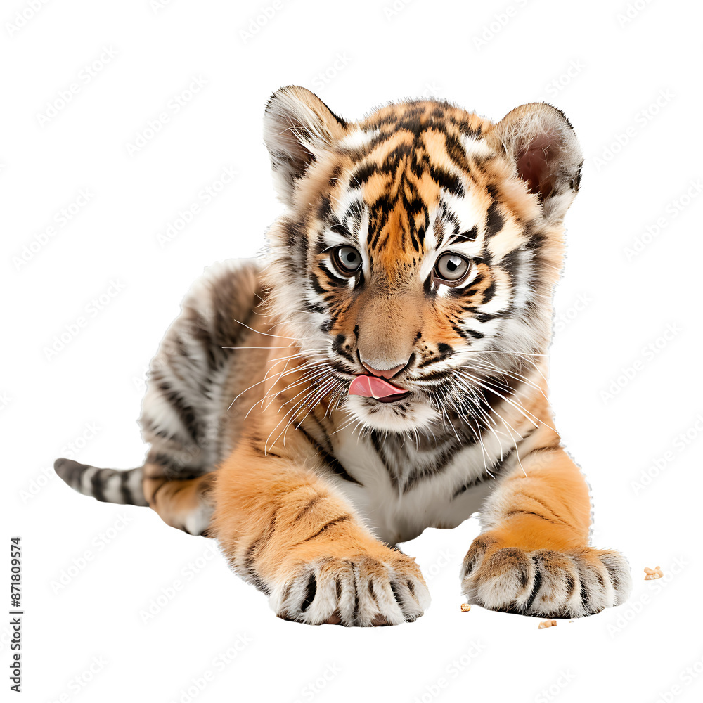 Fototapeta premium Baby Tiger, showing Bengal tiger features, with fierce gaze and distinctive stripes, representing wildlife and nature, isolated on transparent background.