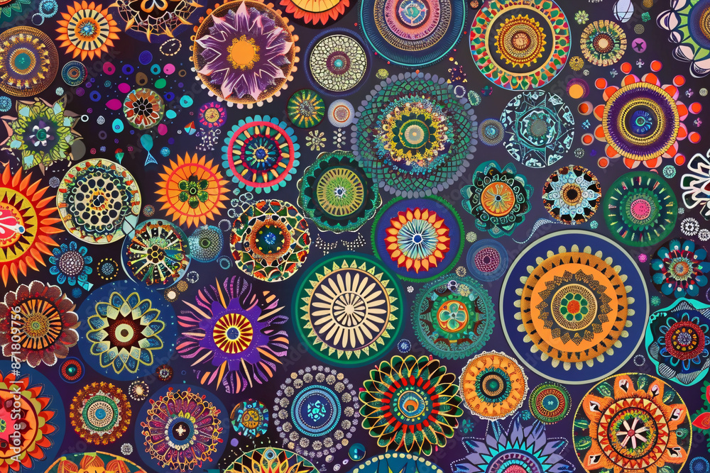 Explosion of mandala designs in various sizes and bright colors creating a vibrant and intricate visual spectacle Explosion of mandala designs in various sizes and bright colors creating a vibrant and intricate visual spectacle