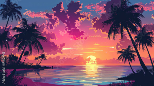 Tropical sunset with silhouettes of palm trees and calm ocean