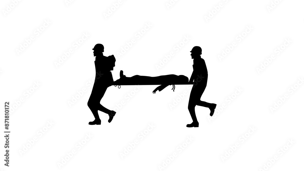 Battlefield Casualty Evacuation By Unit Medics, black isolated silhouette Battlefield Casualty Evacuation By Unit Medics, black isolated silhouette