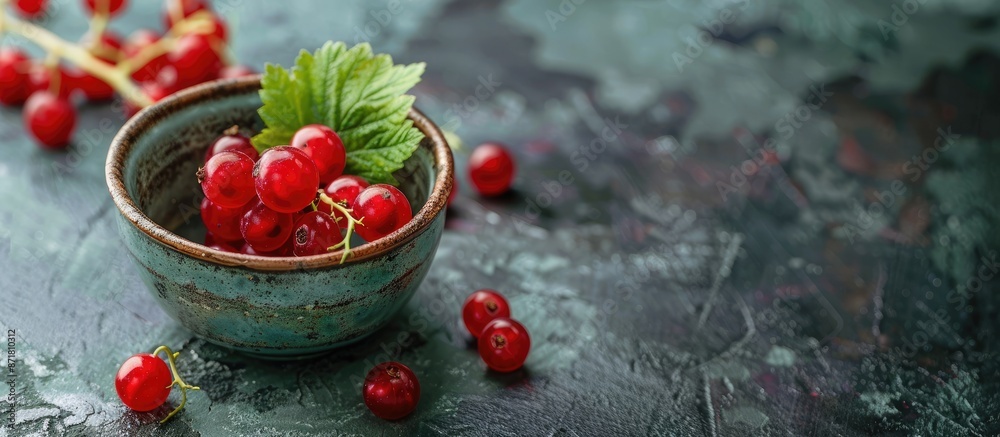 A red currant placed in a cup on a dark backdrop, creating a visible copy space image. A red currant placed in a cup on a dark backdrop, creating a visible copy space image.