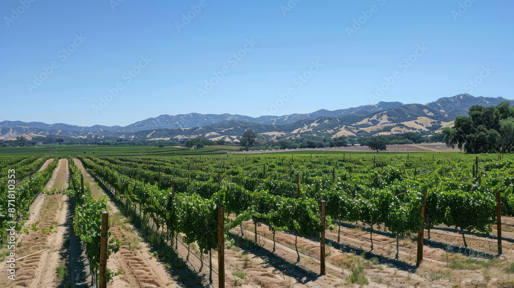 Obraz premium Vineyard with grapevines under a clear sky