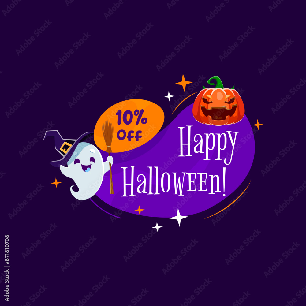 Halloween frame with kawaii ghost character sporting witch hat and broom, festive holiday pumpkin on purple blob. Isolated vector spooky sale badge, tag or banner for seasonal festive discount event