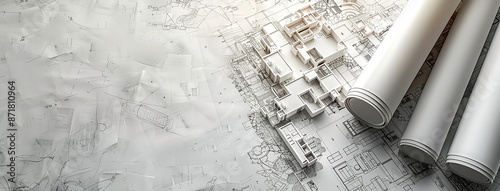 a wide angled horizontal flat lay closeup photo of an architectural blueprint drawings and drawing roles on a table