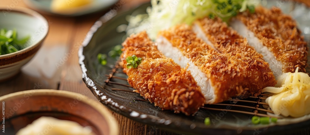 Japanese cuisine featuring a deep-fried cutlet Hanpen against a copy space image. Japanese cuisine featuring a deep-fried cutlet Hanpen against a copy space image.