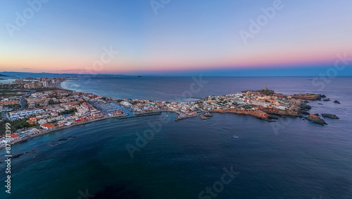 Foto Aerial sunset view of the Cabo de Palos lighthouse, Cartagena, Murcia Region, Sp