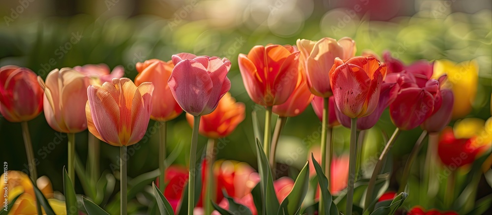 Obraz premium Tulips blooming beautifully in a colorful array amidst green foliage, perfect for a copy space image.