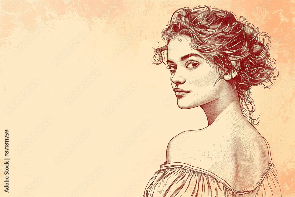 Fototapeta premium Glamorous vintage style woman looking over her shoulder sketch engraving vector illustration