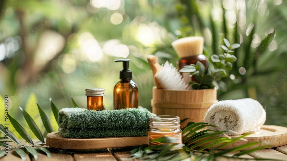 Spa essentials with greenery in a serene setting Spa essentials with greenery in a serene setting