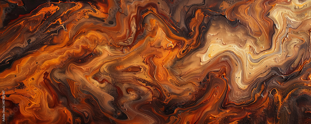 Liquid acrylic paint in earthy tones of brown and orange, forming a natural, swirling texture. The colors merge and separate, creating intricate patterns and rich contrasts. Liquid acrylic paint in earthy tones of brown and orange, forming a natural, swirling texture. The colors merge and separate, creating intricate patterns and rich contrasts.