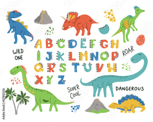 Dino collection with alphabet. Various dinosaurus characters with letters. Colorful isolated doodles on a white background