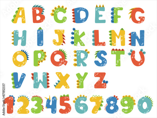 Bright numbers and letters are designed as baby dinosaurs. Dino, greeting card, sticker, banner, logo, badge, poster. Colorful doodles  isolated on a white background. 