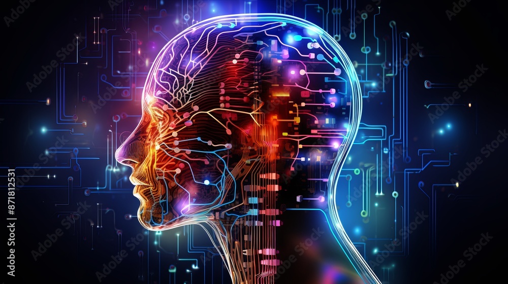Abstract artwork of human head silhouette with circuit board design Abstract artwork of human head silhouette with circuit board design