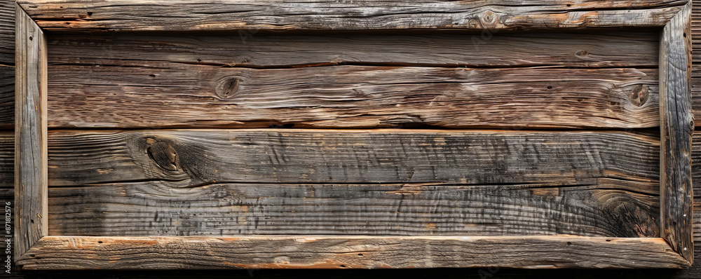 Obraz premium A rustic wooden picture frame with a barn wood finish, set on a reclaimed wooden background. The natural imperfections and textures of both the frame and background evoke a cozy, farmhouse feel.