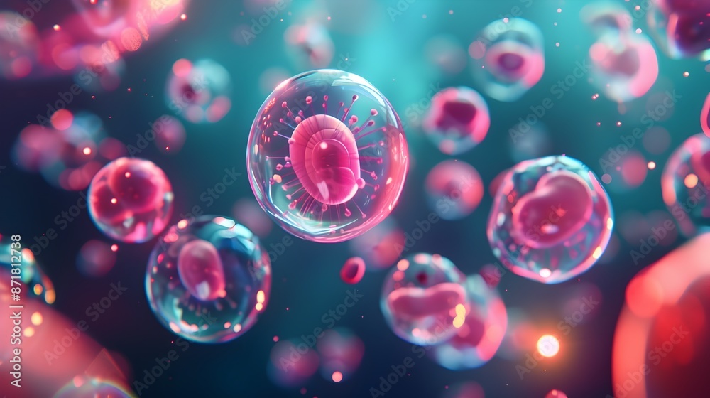 Glowing Transparent Skin Cell with Floating Neon Bubbles in Sci-Fi Digital Art Design Glowing Transparent Skin Cell with Floating Neon Bubbles in Sci-Fi Digital Art Design