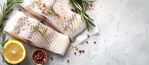 Fresh saithe fillet displayed on the table, perfect for a seafood meal or snack, with a copy space image for a food background.