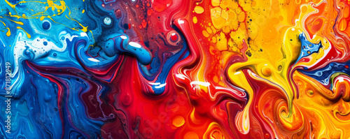 A vibrant mix of liquid acrylic paint in bold primary colors, creating a dynamic, swirling texture. The colors flow and merge, forming intricate patterns and vibrant contrasts.