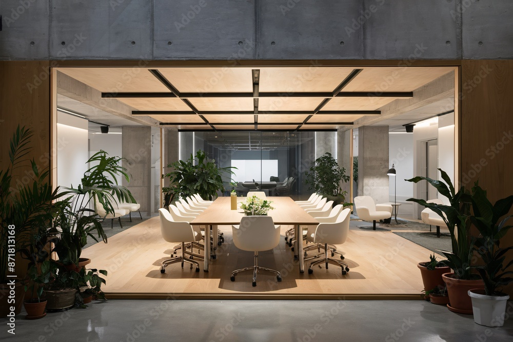 Fototapeta premium Modern conference room with wooden table and indoor plants