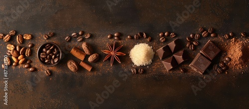An aesthetically pleasing composition featuring a variety of elements such as coffee beans, chocolate, brown sugar, and star anise laid out on a backdrop with copy space, photographed from above.