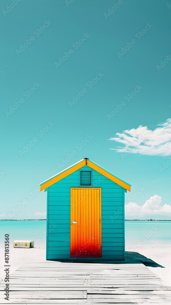 Vibrant Retro Beach Hut on Tranquil Waterfront with Bright Summer Skies Vibrant Retro Beach Hut on Tranquil Waterfront with Bright Summer Skies