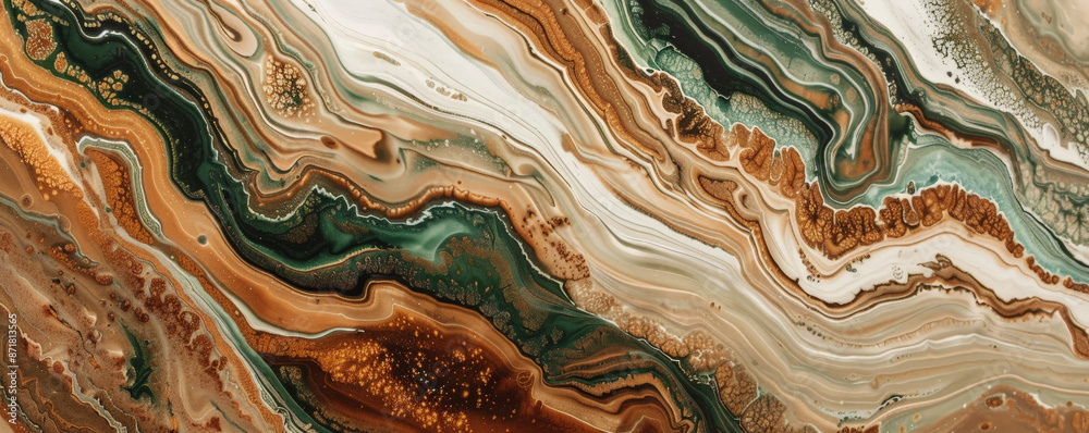 Liquid acrylic paint in earthy tones of brown, green, and beige, creating a natural, flowing texture. The colors blend and separate, forming organic patterns and rich contrasts. Liquid acrylic paint in earthy tones of brown, green, and beige, creating a natural, flowing texture. The colors blend and separate, forming organic patterns and rich contrasts.