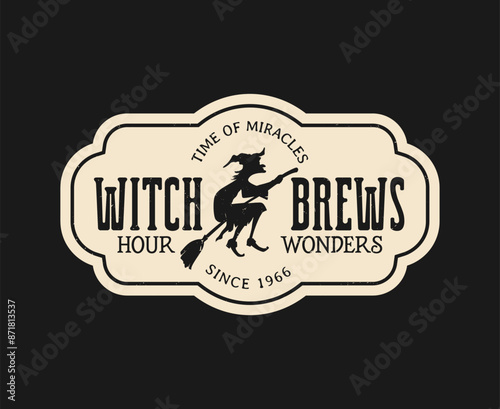 Halloween potion bottle label featuring a sinister black silhouette of a witch riding her broom. Isolated vector vintage eerie emblem, casting an enchanting and mysterious vibe for concoctions