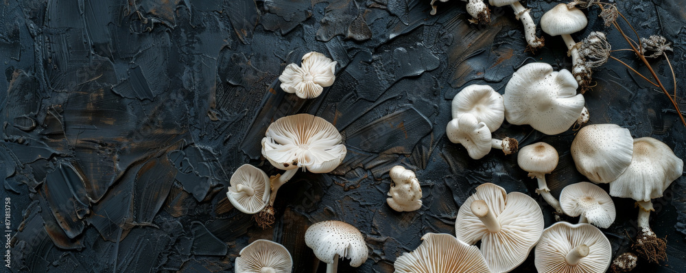 Fototapeta premium An artistic arrangement of mushrooms on a dark, textured background, their caps in shades of white and cream. The delicate details and natural forms create a visually appealing scene.
