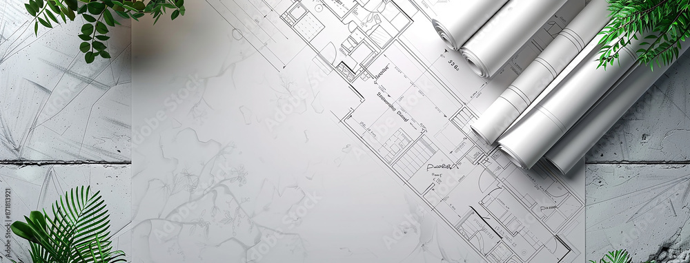 © Sudarshana - a wide angled horizontal flat lay closeup photo of an architectural blueprint drawings and drawing roles on a table