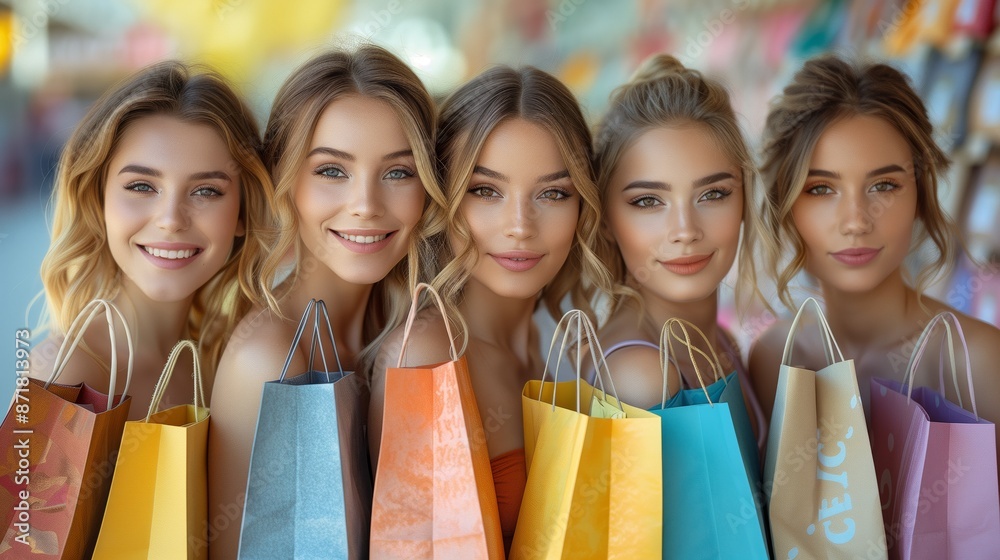 A group of five shoppers stand together holding vibrant shopping bags. A group of five shoppers stand together holding vibrant shopping bags.