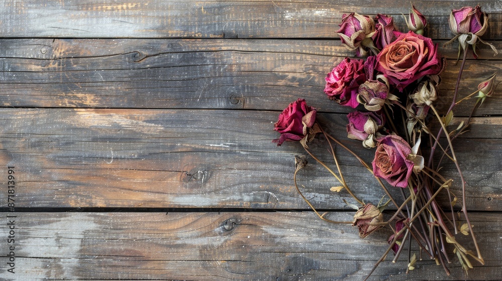 Dried roses bouquet on wooden background with blank space Dried roses bouquet on wooden background with blank space