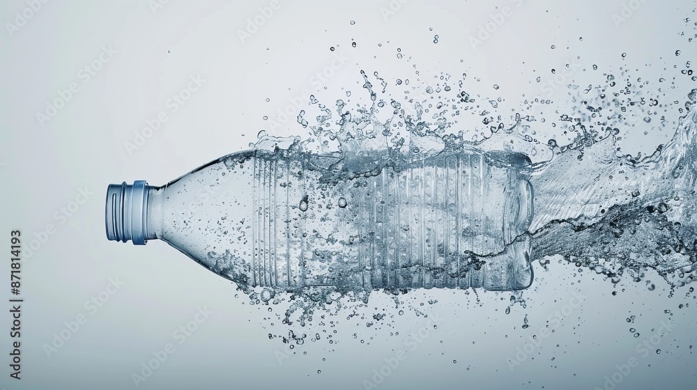 A bottle of water disappearing on a white background, illustrating the process of plastic decomposition A bottle of water disappearing on a white background, illustrating the process of plastic decomposition