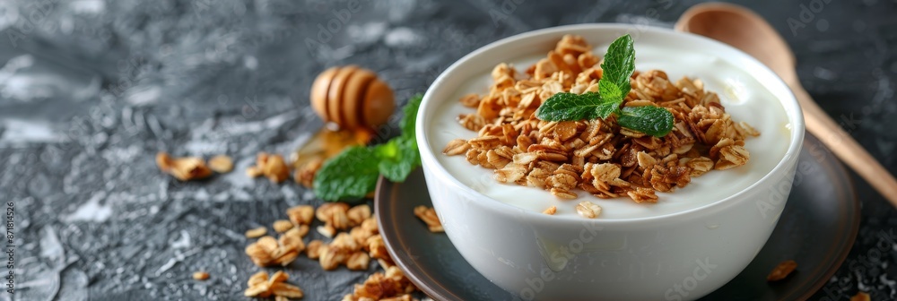 Close up of a plate with yogurt, honey, and nuts arranged beautifully for a tempting snack Close up of a plate with yogurt, honey, and nuts arranged beautifully for a tempting snack