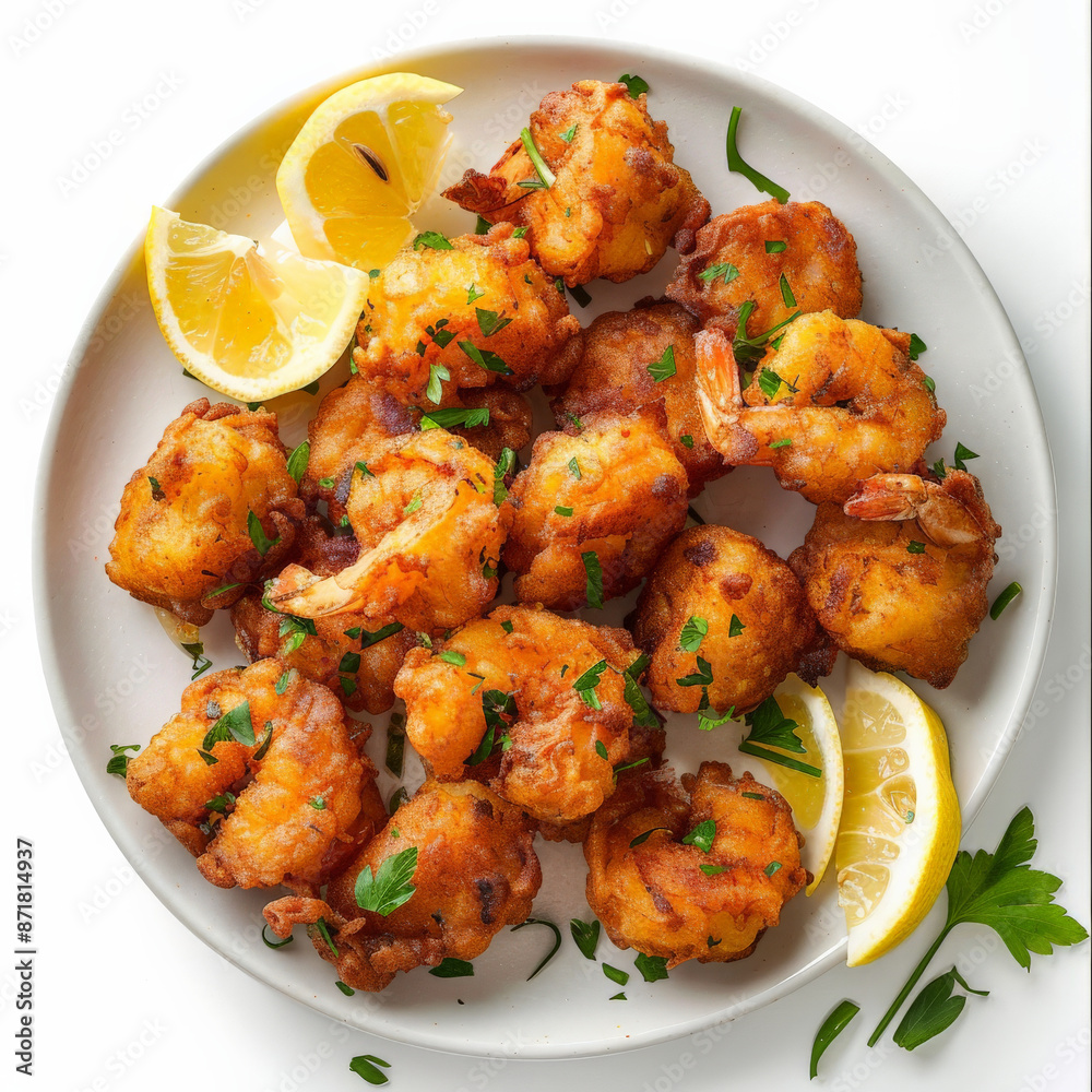 A plate of Spanish tortillitas de camarones, crispy shrimp fritters made with chickpea flour, garnished with lemon wedges, isolated on white background. A plate of Spanish tortillitas de camarones, crispy shrimp fritters made with chickpea flour, garnished with lemon wedges, isolated on white background.
