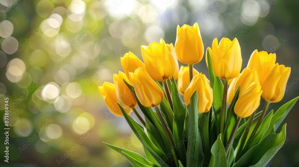 Fototapeta premium Yellow tulips displayed in a vase against a spring setting