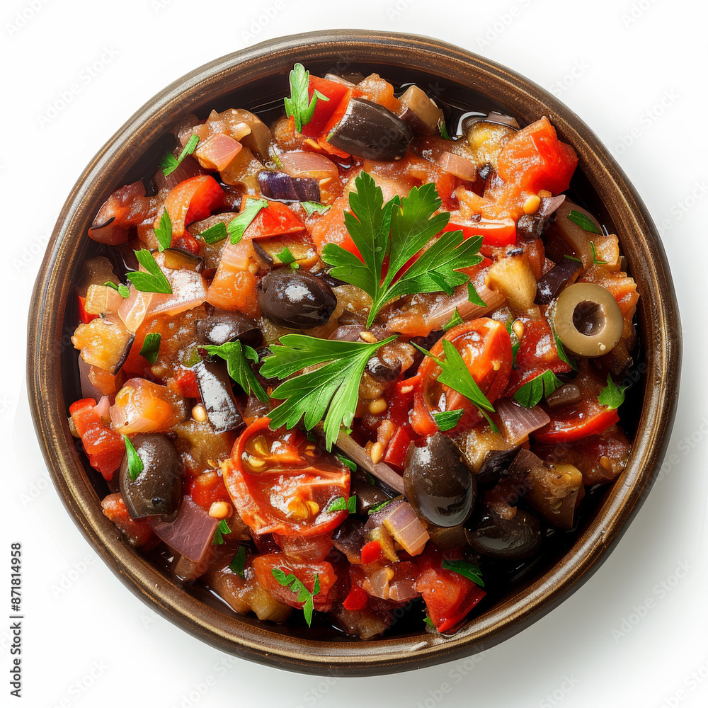 A serving of Italian caponata, a sweet and sour eggplant dish with tomatoes, onions, capers, and olives, garnished with fresh parsley, isolated on white background. A serving of Italian caponata, a sweet and sour eggplant dish with tomatoes, onions, capers, and olives, garnished with fresh parsley, isolated on white background.