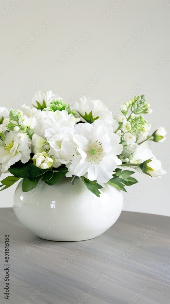 Minimalist white ceramic table centerpiece with flowers on a gray dining table, sleek home decor Minimalist white ceramic table centerpiece with flowers on a gray dining table, sleek home decor