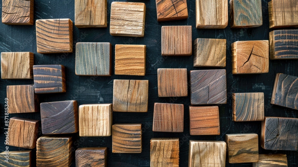 Obraz premium Wooden blocks on blackboard background for text and stationery