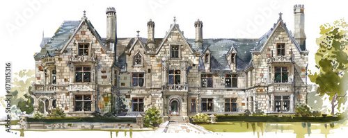 An architectural sketch of a historic British manor house, with ornate stonework, symmetrical design, and manicured gardens. The white background highlights the elegance and historical significance of