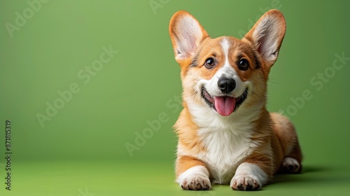 Cucciolo di corgi su uno sfondo verde, con spazio per il testo. 