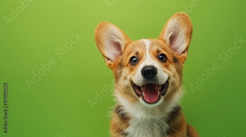 Cucciolo di corgi su uno sfondo verde, con spazio per il testo. 