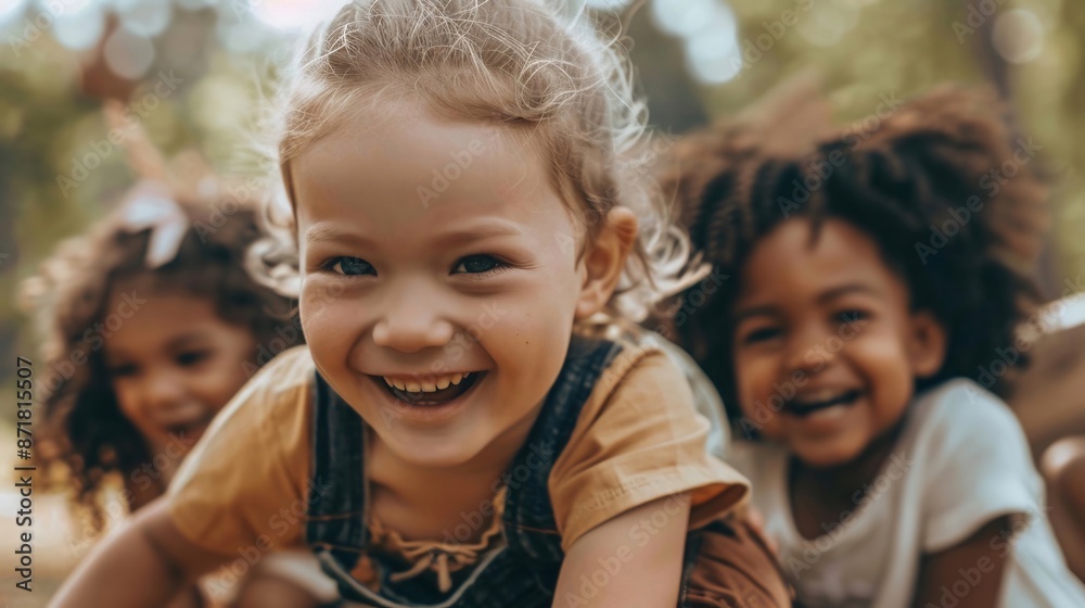 Un gruppo eterogeneo di bambini che giocano insieme, rappresentando la pace e l'armonia.