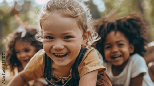 Un gruppo eterogeneo di bambini che giocano insieme, rappresentando la pace e l'armonia.