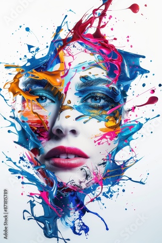 a woman's face made from paint splashes on a white background, and some women's faces around the big face the picture with a hyper realistic style, rococo photo