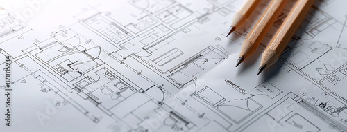 detailed closeup wide horizontal photo of yellow color drawing pencils on a architectural layout plan blueprint drawing on a table  photo